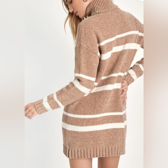 Lulus Casual Attitude Beige Striped Turtleneck Mini Sweater Dress Size XL - Picture 2 of 9
